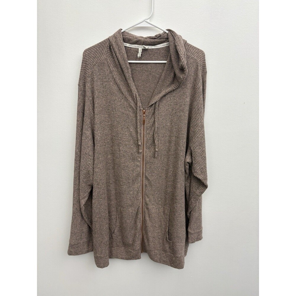 Live + Well Sweater Women’s Hooded Ribbed 3XL Zipper Closure Long Sleeve Brown